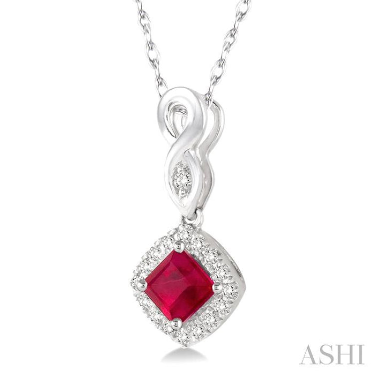 4x4 MM Cushion Shape Ruby and 1/10 Ctw Round Cut Diamond Pendant in 14K White Gold with Chain