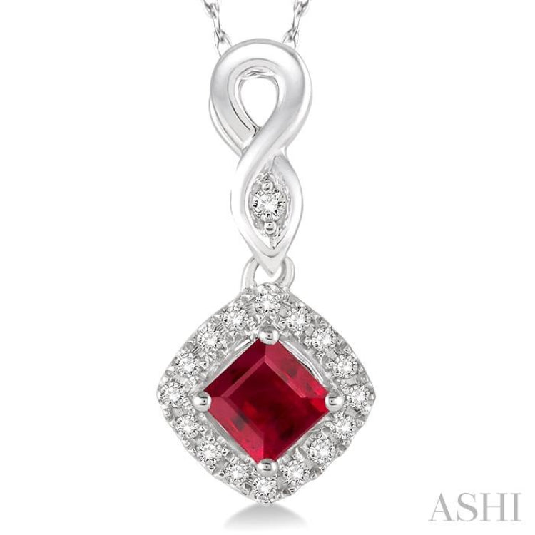 4x4 MM Cushion Shape Ruby and 1/10 Ctw Round Cut Diamond Pendant in 14K White Gold with Chain