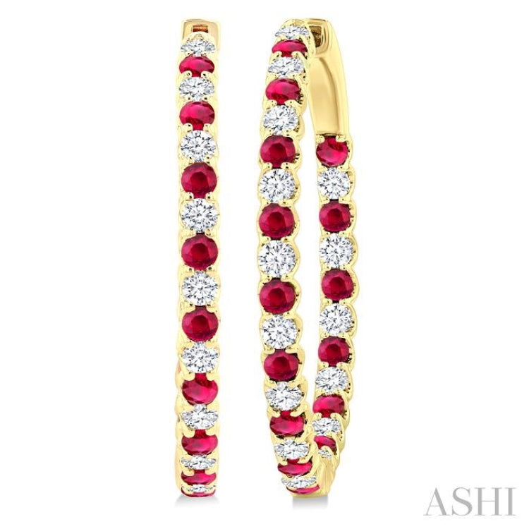 2.3 MM Round Ruby and 1 1/2 Ctw Round Cut Diamond Inside & Outside Alternating Precious Hoop Earrings in 14K Yellow Gold