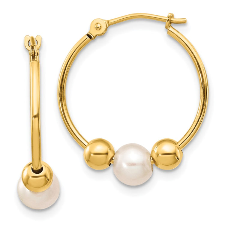 14K 5-6mm White Semi-round Freshwater Cultured Pearl and Beads Polished Hoop Earring