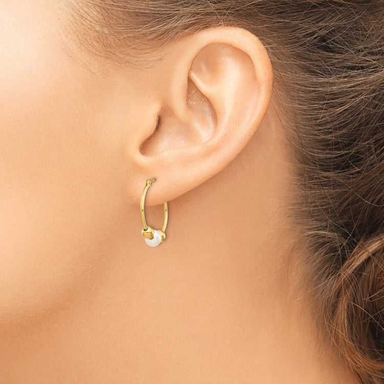 14K 5-6mm White Semi-round Freshwater Cultured Pearl and Beads Polished Hoop Earring