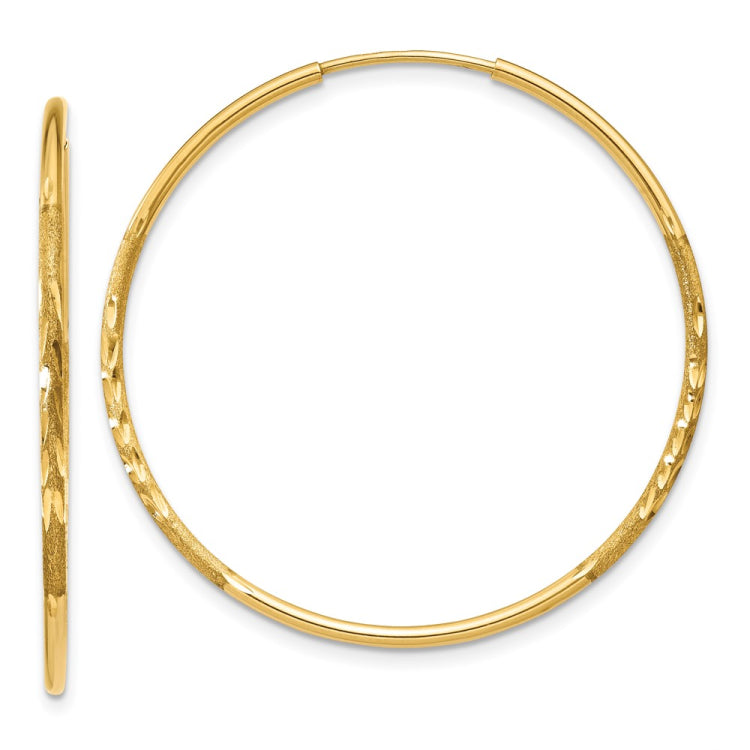 14k 1.2x30mm Satin Diamond-cut Endless Tube Hoop Earrings
