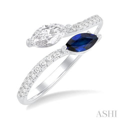 6x3 MM Marquise Sapphire and 1/2 Ctw Marquise Cut Diamond Toi Et Moi Precious Bypass Open Ring in 14K White Gold