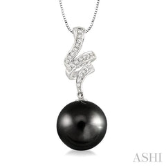 10 MM Black Cultured Pearl and 1/8 Ctw Round Cut Diamond Pendant in 14K White Gold with Chain