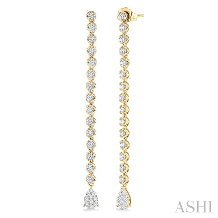 1 1/4 Ctw Lovebright Pear Shape Dangle Tip Round Cut Diamond Fashion Long Earrings in 14K Yellow and White Gold