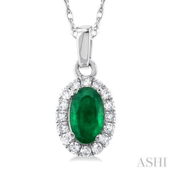 5x3 MM Oval Shape Emerald and 1/20 Ctw Single Cut Diamond Halo Precious Pendant with Chain in 10K White Gold