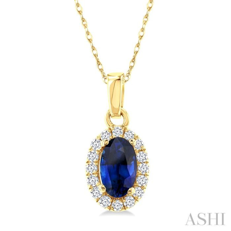5x3 MM Oval Shape Sapphire and 1/20 Ctw Round Cut Diamond Halo Precious Pendant with Chain in 10K Yellow Gold