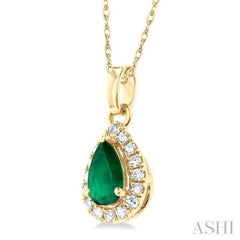 5x3 MM Pear Shape Emerald and 1/20 Ctw Single Cut Diamond Halo Precious Pendant with Chain in 10K Yellow Gold