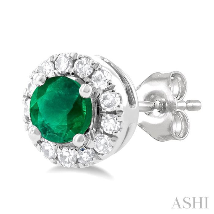 3.25 MM Round Emerald and 1/10 Ctw Single Cut Diamond Halo Precious Stud Earrings in 14K White Gold