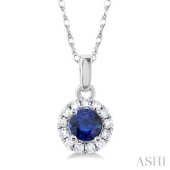 3.25 MM Round Sapphire and 1/20 Ctw Single Cut Diamond Halo Precious Pendant with Chain in 10K White Gold