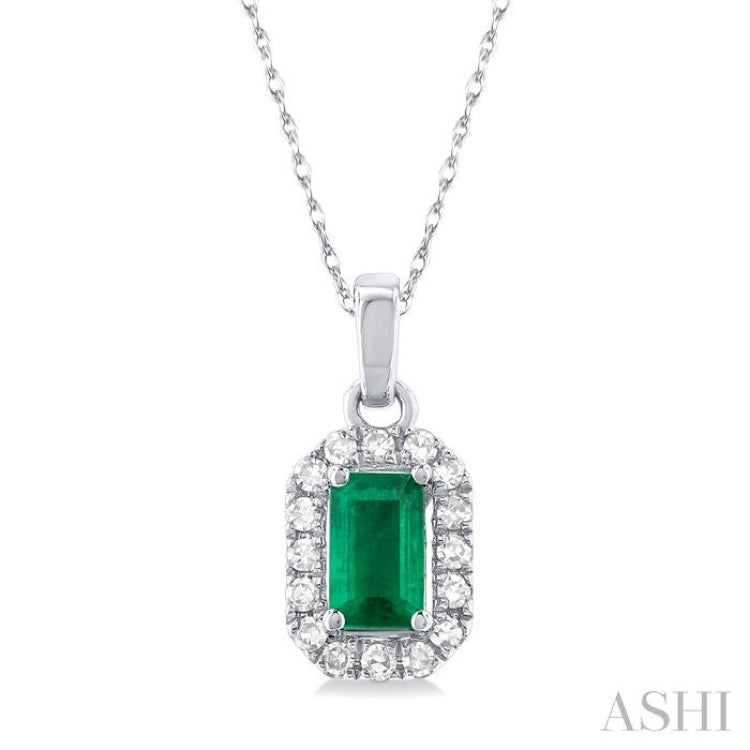 5x3 MM Octagonal Shape Emerald and 1/20 Ctw Single Cut Diamond Halo Precious Pendant with Chain in 10K White Gold