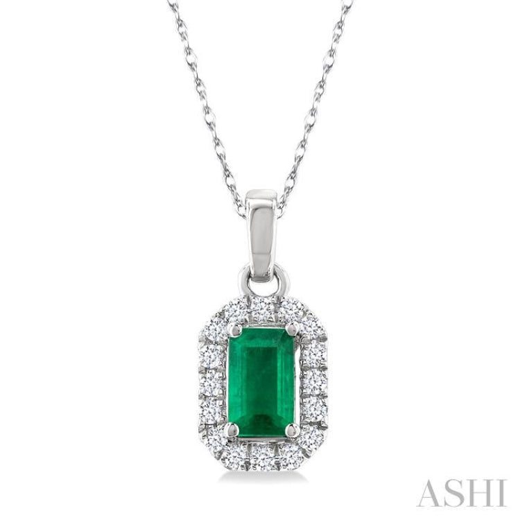 5x3 MM Octagonal Shape Emerald and 1/20 Ctw Round Cut Diamond Halo Precious Pendant with Chain in 10K White Gold