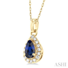 5x3 MM Pear Shape Sapphire and 1/20 Ctw Single Cut Diamond Halo Precious Pendant with Chain in 10K Yellow Gold