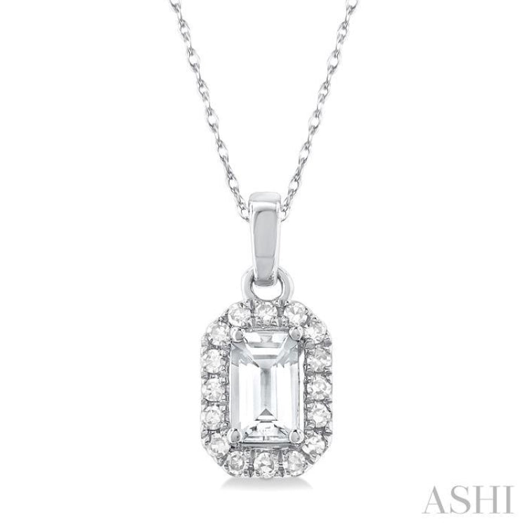 5x3 MM Octagonal Shape White Topaz and 1/20 Ctw Single Cut Diamond Halo Semi-Precious Pendant with Chain in 10K White Gold