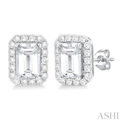 6x4 MM Octagonal Shape White Topaz and 1/4 Ctw Round Cut Diamond Halo Semi-Precious Stud Earrings in 14K White Gold