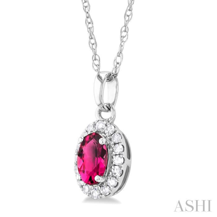 5x3 MM Oval Shape Pink Tourmaline and 1/20 Ctw Single Cut Diamond Halo Semi-Precious Pendant with Chain in 14K White Gold