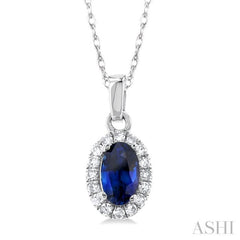 5x3 MM Oval Shape Sapphire and 1/20 Ctw Single Cut Diamond Halo Precious Pendant with Chain in 10K White Gold