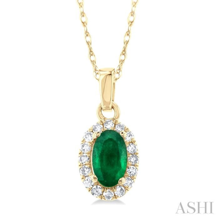 5x3 MM Oval Shape Emerald and 1/20 Ctw Single Cut Diamond Halo Precious Pendant with Chain in 10K Yellow Gold