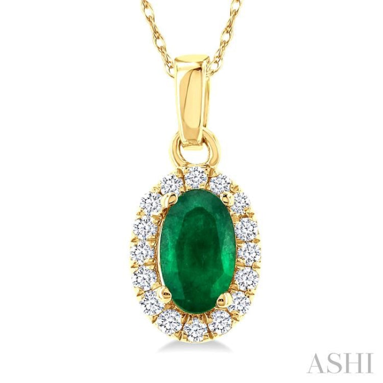 5x3 MM Oval Shape Emerald and 1/20 Ctw Round Cut Diamond Halo Precious Pendant with Chain in 10K Yellow Gold