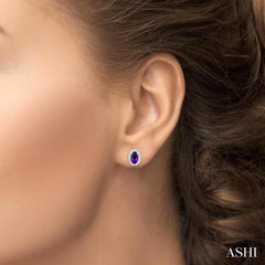 5x3 MM Oval Shape Amethyst and 1/8 Ctw Single Cut Diamond Halo Semi-Precious Stud Earrings in 10K White Gold