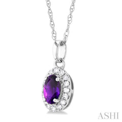 5x3 MM Oval Shape Amethyst and 1/20 Ctw Single Cut Diamond Halo Semi-Precious Pendant with Chain in 14K White Gold