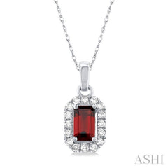 5x3 MM Octagonal Shape Garnet and 1/20 Ctw Single Cut Diamond Halo Semi-Precious Pendant with Chain in 10K White Gold