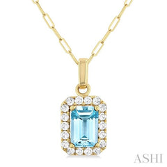 6x4 MM Octagonal Shape Aquamarine and 1/6 Ctw Round Cut Diamond Halo Semi-Precious Pendant with Chain in 14K Yellow Gold