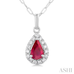 6x4 MM Pear Shape Ruby and 1/6 Ctw Round Cut Diamond Halo Precious Pendant with Chain in 14K White Gold