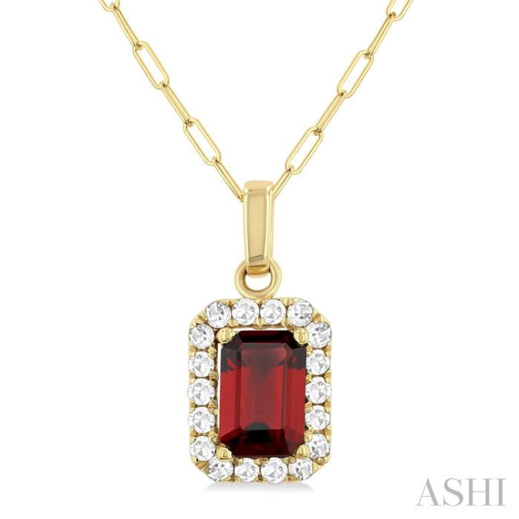 6x4 MM Octagonal Shape Garnet and 1/6 Ctw Round Cut Diamond Halo Semi-Precious Pendant with Chain in 14K Yellow Gold