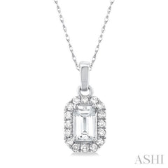 5x3 MM Octagonal Shape White Topaz and 1/20 Ctw Single Cut Diamond Halo Semi-Precious Pendant with Chain in 14K White Gold