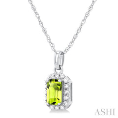 5x3 MM Octagonal Shape Peridot and 1/20 Ctw Single Cut Diamond Halo Semi-Precious Pendant with Chain in 14K White Gold