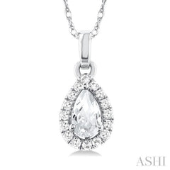 5x3 MM Pear Shape White Topaz and 1/20 Ctw Single Cut Diamond Halo Semi-Precious Pendant with Chain in 10K White Gold