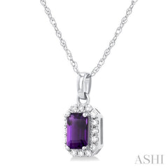 5x3 MM Octagonal Shape Amethyst and 1/20 Ctw Single Cut Diamond Halo Semi-Precious Pendant with Chain in 10K White Gold