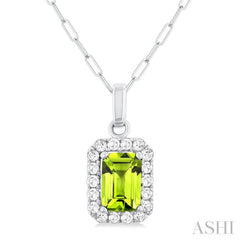 6x4 MM Octagonal Shape Peridot and 1/6 Ctw Round Cut Diamond Halo Semi-Precious Pendant with Chain in 14K White Gold