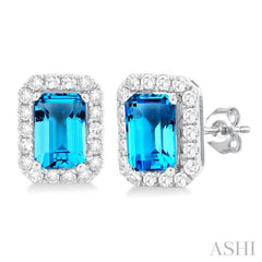 6x4 MM Octagonal Shape Blue Topaz and 1/4 Ctw Round Cut Diamond Halo Semi-Precious Stud Earrings in 10K White Gold