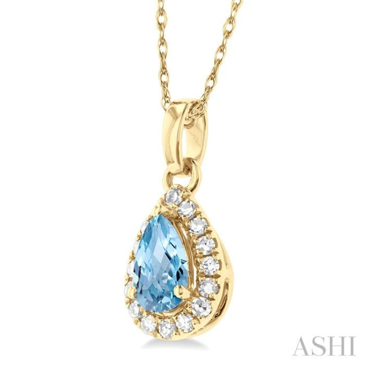 5x3 MM Pear Shape Aquamarine and 1/20 Ctw Single Cut Diamond Halo Semi-Precious Pendant with Chain in 10K Yellow Gold