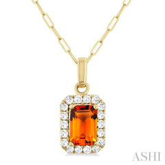 6x4 MM Octagonal Shape Citrine and 1/6 Ctw Round Cut Diamond Halo Semi-Precious Pendant with Chain in 14K Yellow Gold