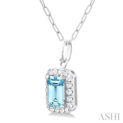 6x4 MM Octagonal Shape Aquamarine and 1/6 Ctw Round Cut Diamond Halo Semi-Precious Pendant with Chain in 10K White Gold
