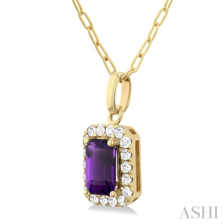 6x4 MM Octagonal Shape Amethyst and 1/6 Ctw Round Cut Diamond Halo Semi-Precious Pendant with Chain in 10K Yellow Gold