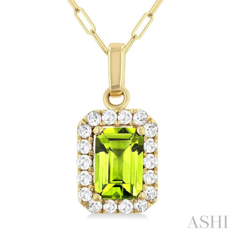6x4 MM Octagonal Shape Peridot and 1/6 Ctw Round Cut Diamond Halo Semi-Precious Pendant with Chain in 10K Yellow Gold