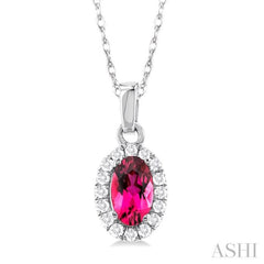 5x3 MM Oval Shape Pink Tourmaline and 1/20 Ctw Single Cut Diamond Halo Semi-Precious Pendant with Chain in 10K White Gold