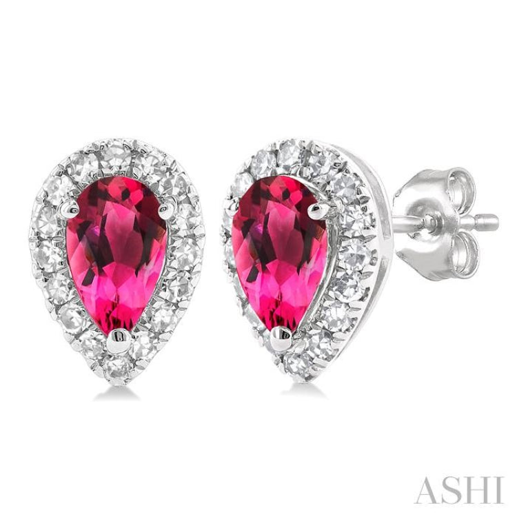 5x3 MM Pear Shape Pink Tourmaline and 1/8 Ctw Single Cut Diamond Halo Semi-Precious Stud Earrings in 14K White Gold