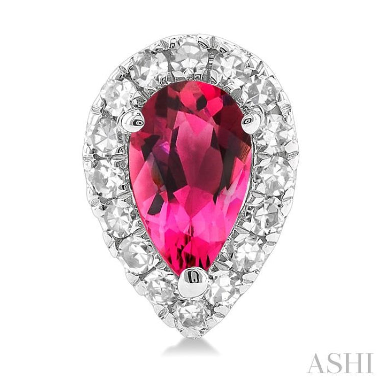 5x3 MM Pear Shape Pink Tourmaline and 1/8 Ctw Single Cut Diamond Halo Semi-Precious Stud Earrings in 14K White Gold