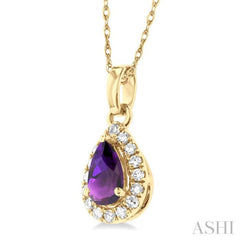 5x3 MM Pear Shape Amethyst and 1/20 Ctw Single Cut Diamond Halo Semi-Precious Pendant with Chain in 14K Yellow Gold