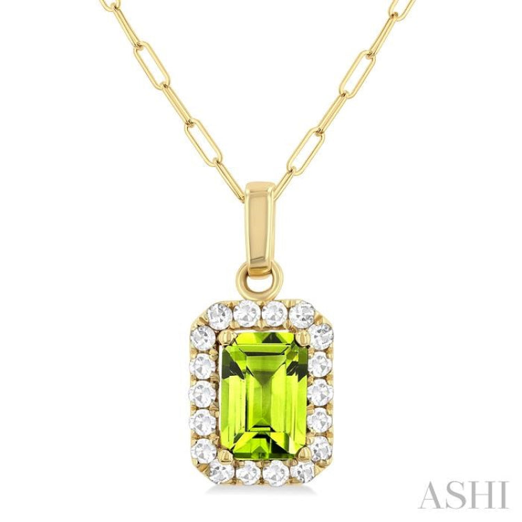 6x4 MM Octagonal Shape Peridot and 1/6 Ctw Round Cut Diamond Halo Semi-Precious Pendant with Chain in 14K Yellow Gold