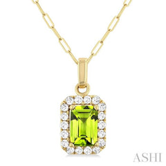 6x4 MM Octagonal Shape Peridot and 1/6 Ctw Round Cut Diamond Halo Semi-Precious Pendant with Chain in 14K Yellow Gold