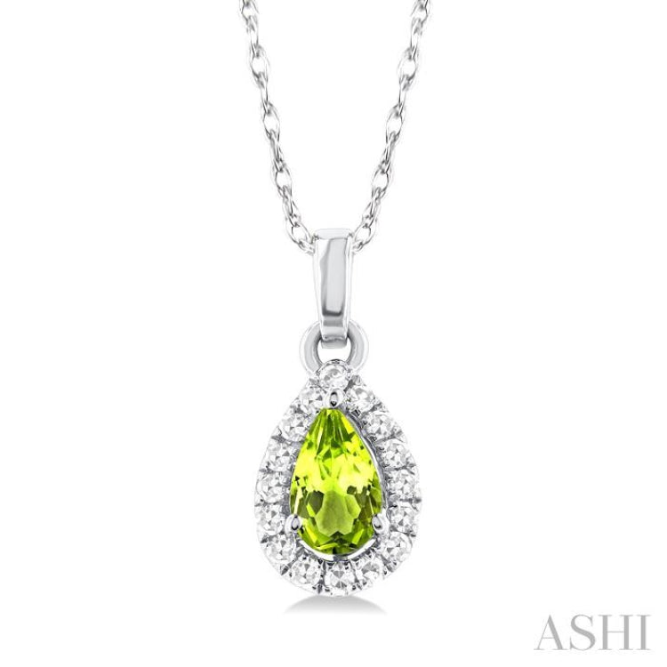 5x3 MM Pear Shape Peridot and 1/20 Ctw Single Cut Diamond Halo Semi-Precious Pendant with Chain in 14K White Gold
