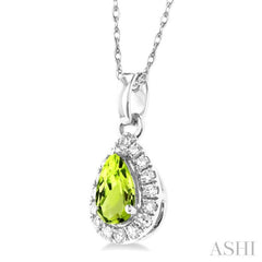 5x3 MM Pear Shape Peridot and 1/20 Ctw Single Cut Diamond Halo Semi-Precious Pendant with Chain in 14K White Gold