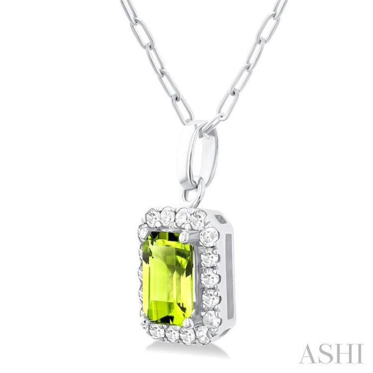 6x4 MM Octagonal Shape Peridot and 1/6 Ctw Round Cut Diamond Halo Semi-Precious Pendant with Chain in 10K White Gold