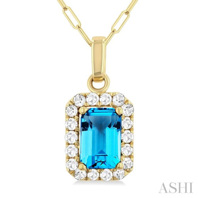 6x4 MM Octagonal Shape Blue Topaz and 1/6 Ctw Round Cut Diamond Halo Semi-Precious Pendant with Chain in 14K Yellow Gold